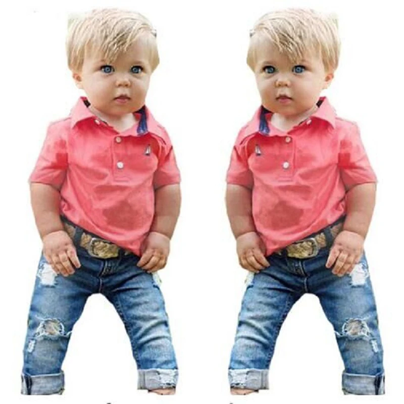 Kids Tales 2-6Y children clothing set 2018 fashion short sleeve polo T-shirt red+ripped Jeans 2 pieces kid boys outfits