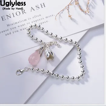 

Uglyless 100% Real Solid 925 Sterling Silver Balls Bracelets for Women Natural Pink Crystal Magnolia Charms Fine Jewelry Beading