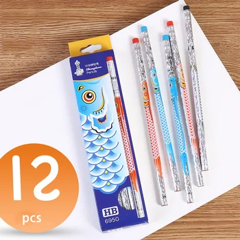 

Cartoon Fish Pattern HB Pencil with Eraser Top 12pcs/box Daily Writing Pencils for Children Kids Student School Office Supplies