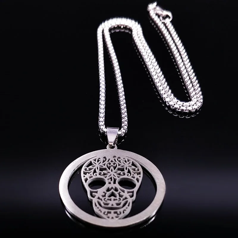 Ожерелье из нержавеющей стали с черепом и кристаллами для женщин на Хэллоуин серебряного цвета ожерелья подвески ювелирные изделия calavera мексиканicana N18527