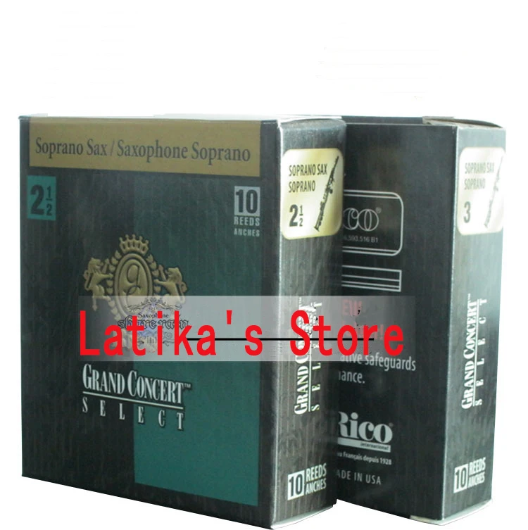 

Free Shipping RICO Grand Concert Select Soprano Bb Sax Reeds Strength 2.5#, 3#, box of 10 tables