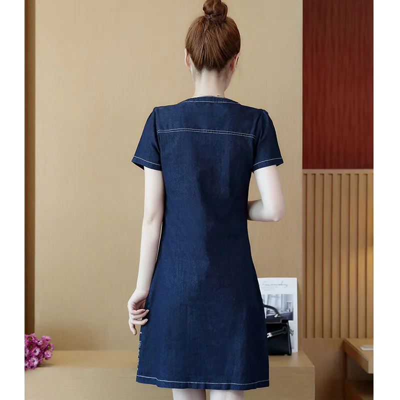 Summer New Women Denim Dress Embroidered Casual Jeans Sexy Short-Sleeve O Neck Slim A Line Denim Dress Female Plus size S-5XL