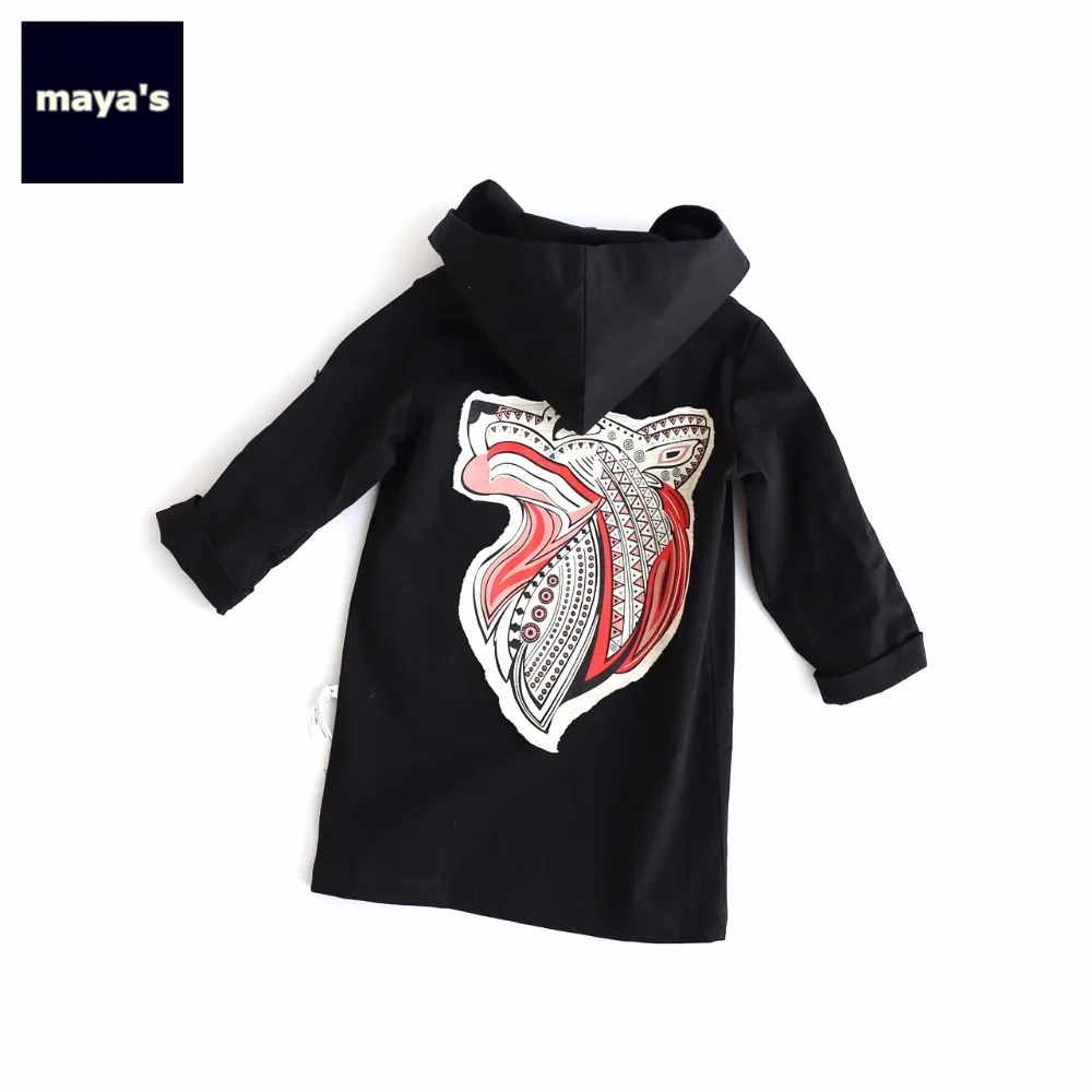 Mayas/черные детские куртки с длинными рукавами и аппликацией волка модные