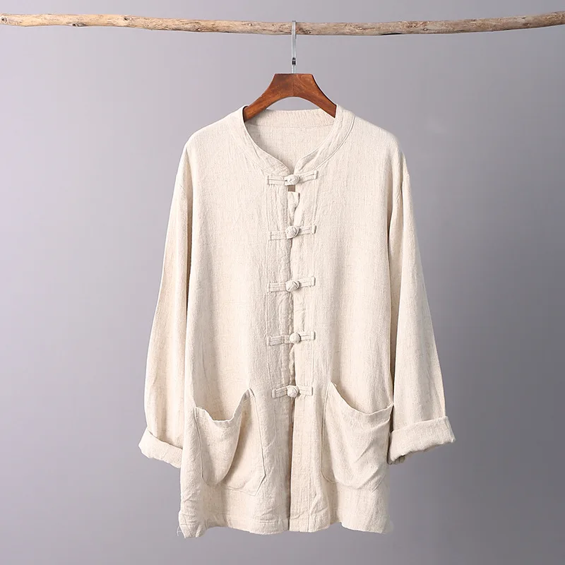 Оригинальная льняная блузка в китайском стиле с длинным рукавом рубашка Женская