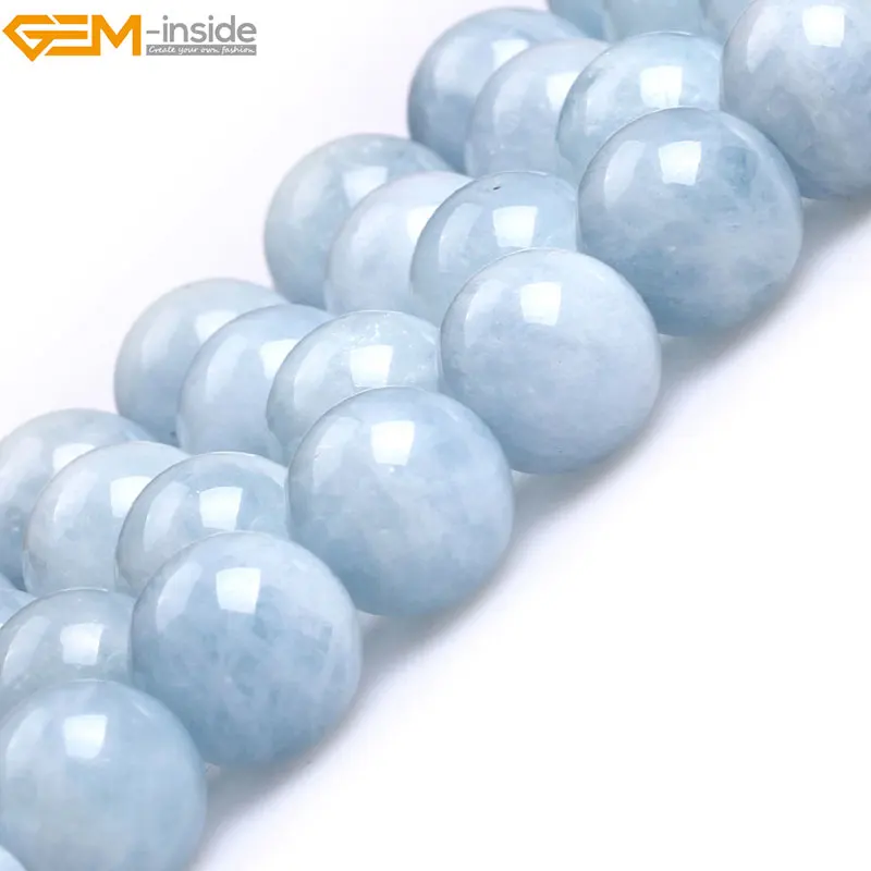 

Gem-inside Natural Round Smooth Blue A Grade Aquamarines Stone Beads For Jewelry Making Beads 15inches DIY Jewellery