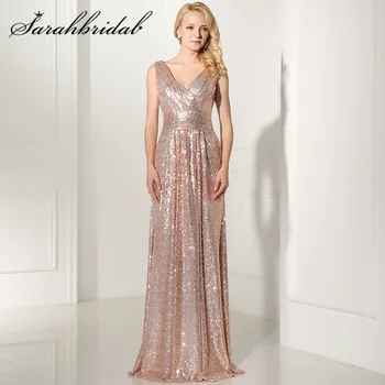 

Rose Gold Sequined Long Evening Dresses Sexy V-neck Backless Formal Party Prom Gowns Vestido De Festa Longo SD349