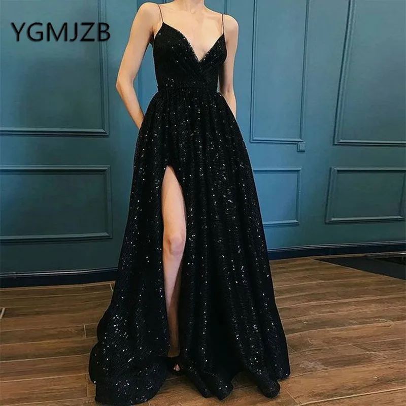 

Sparkly Sequins Black Evening Dresses Long 2019 A-Line Deep V-Neck Backless High Side Split Women Formal Prom Gown Party Dress