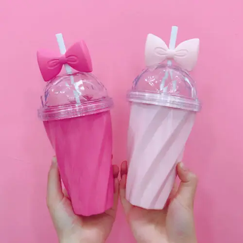 

Newest High Quality Plastic Lemon Juice Coffee Cup Bow Candy Color Straw Cup With Lid Straw 400ml Fruit Straw Water Bottle