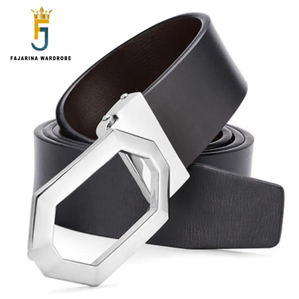 

FAJARINA Quality Hexagon Pattern Smooth Geometric Buckle Black Belts Cowhide Genuine Leather Leather Mens Belt for Jeans LUFJ532