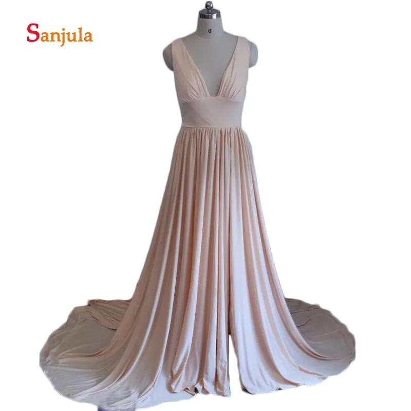 

Leg Slit V Neck Bridesmaid Dresses Tank A-Line Champagne Maid of Honor Dresses Girls Prom Dress Simple with Train D09