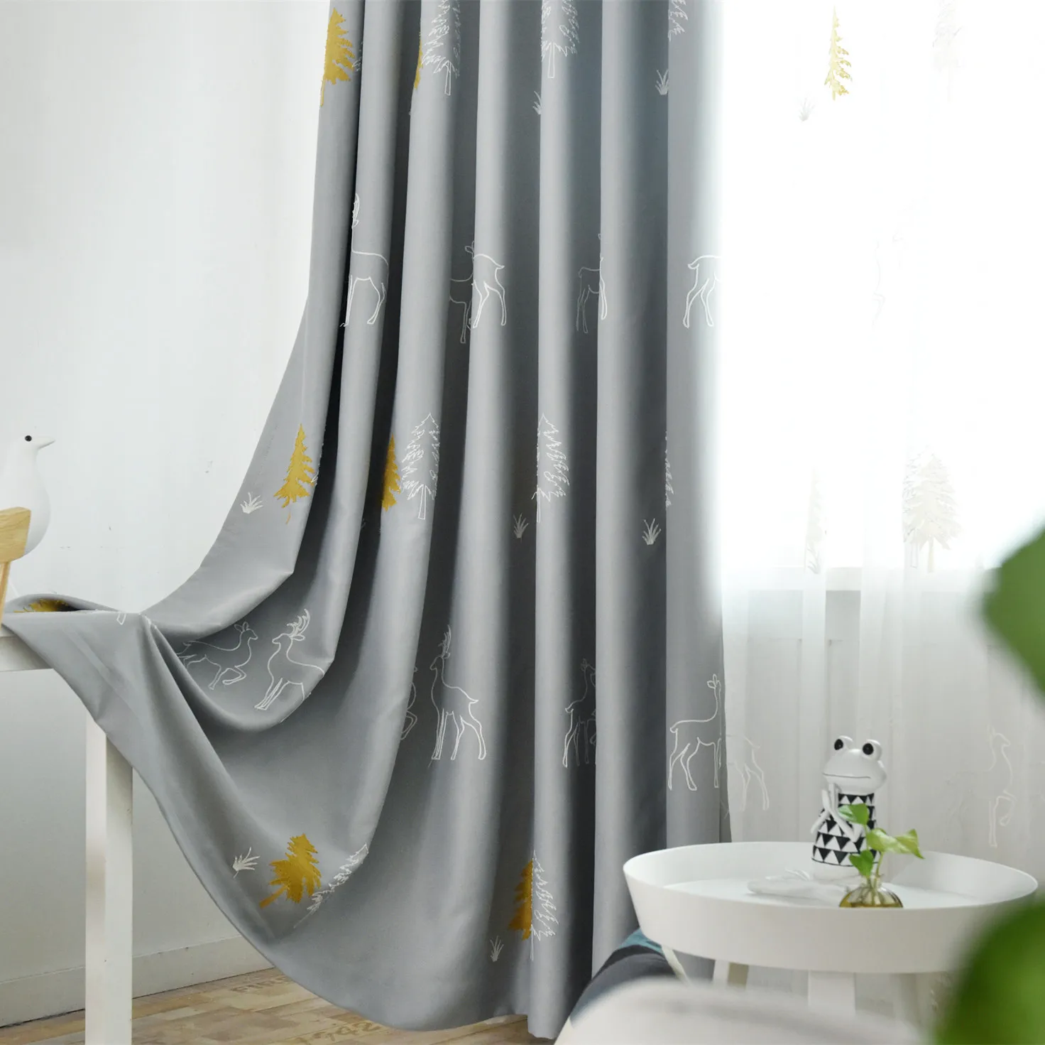 

Nordic Pastoral Kids Curtains for Living Room Embroidered Forest Deer Full Blackout Curtains for Bedroom Bay Window Curtain