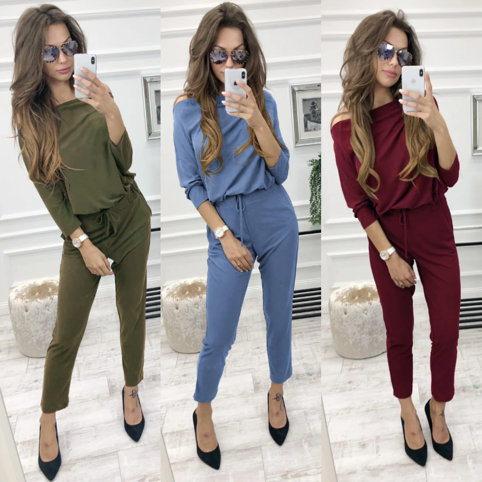

Off Shoulder Solid Long Sleeve Women Jumpsuits Slim Spring Autumn Hot Fashion Style Elastics Band Jumpsuits for Female