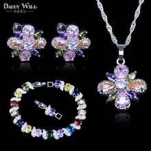 Conjunto de joyas de cristal de flor hermosa Vintage pulseras colgantes de Color plateado + collar + pendientes de gota + juego de cadenas para regalo de mujer