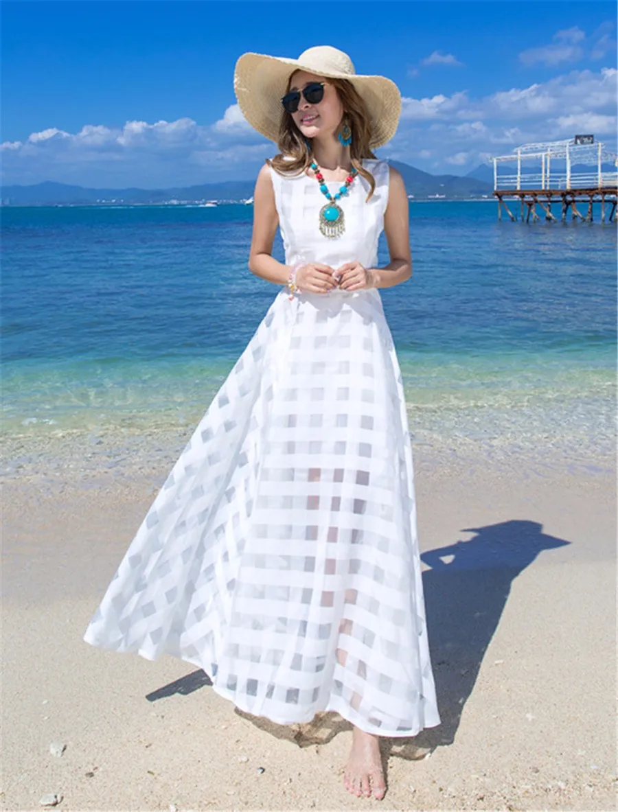 Летний сарафан для подиума белое длинное платье макси женские богемные пляжные платья из органзы без рукавов большие качели Vestidos