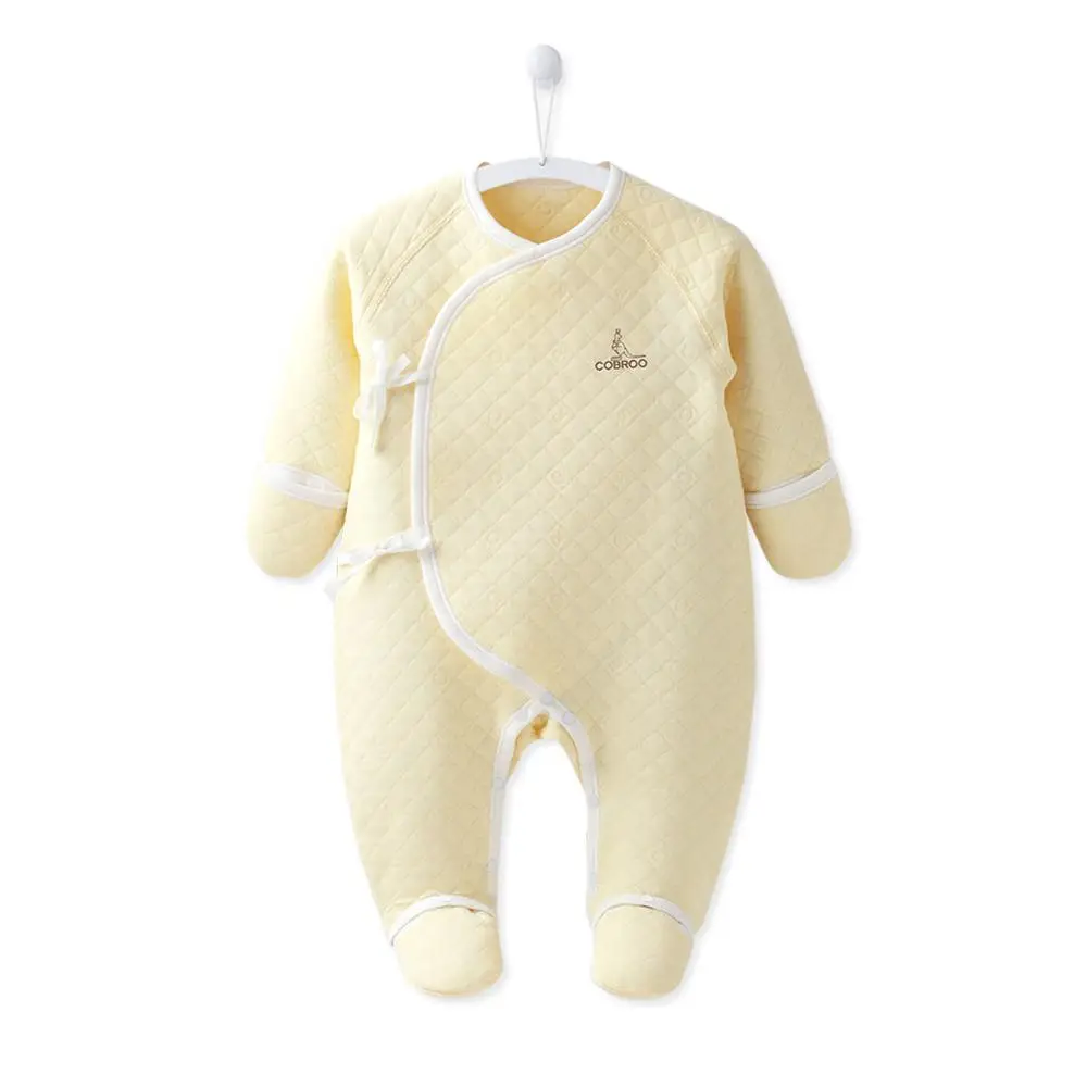 COBROO/ хлопок, пижама с варежками для новорожденных, с поясом сбоку, для младенцев, удобная теплая одежда для сна для детей 0-3 месяцев - Цвет: Yellow-A