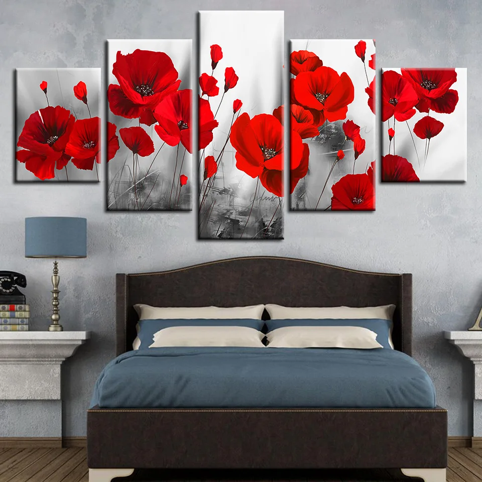 

Living Room Wall Art Canvas Printed Pictures 5 Pieces Romantic Poppies Paintings Red Flowers Poster Modular Framework Home Decor