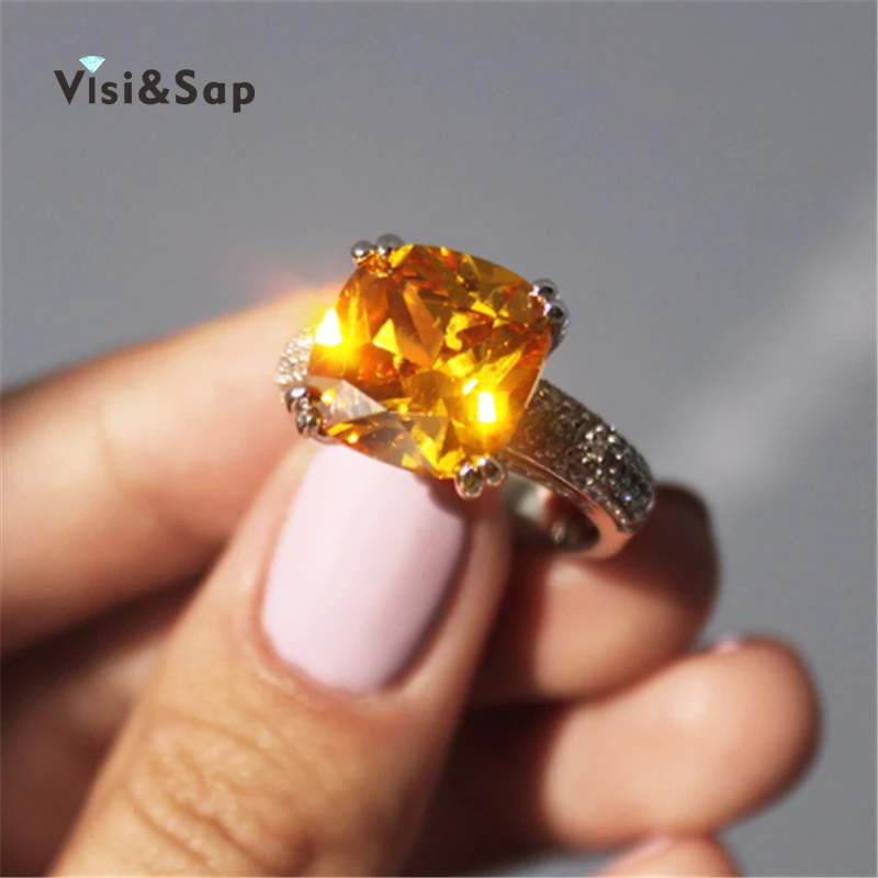 Visisap бриллиантовой огранки желтый камень кубический цирконий 6ct Кольцо роскошные