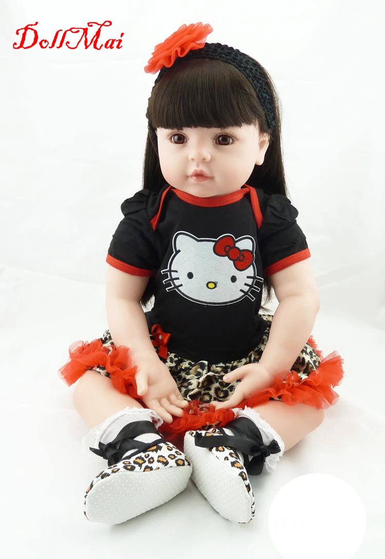 

DollMai 22" girl toddler doll reborn soft silicone reborn baby dolls brown long hair wig with dress bebe princess reborn bonecas