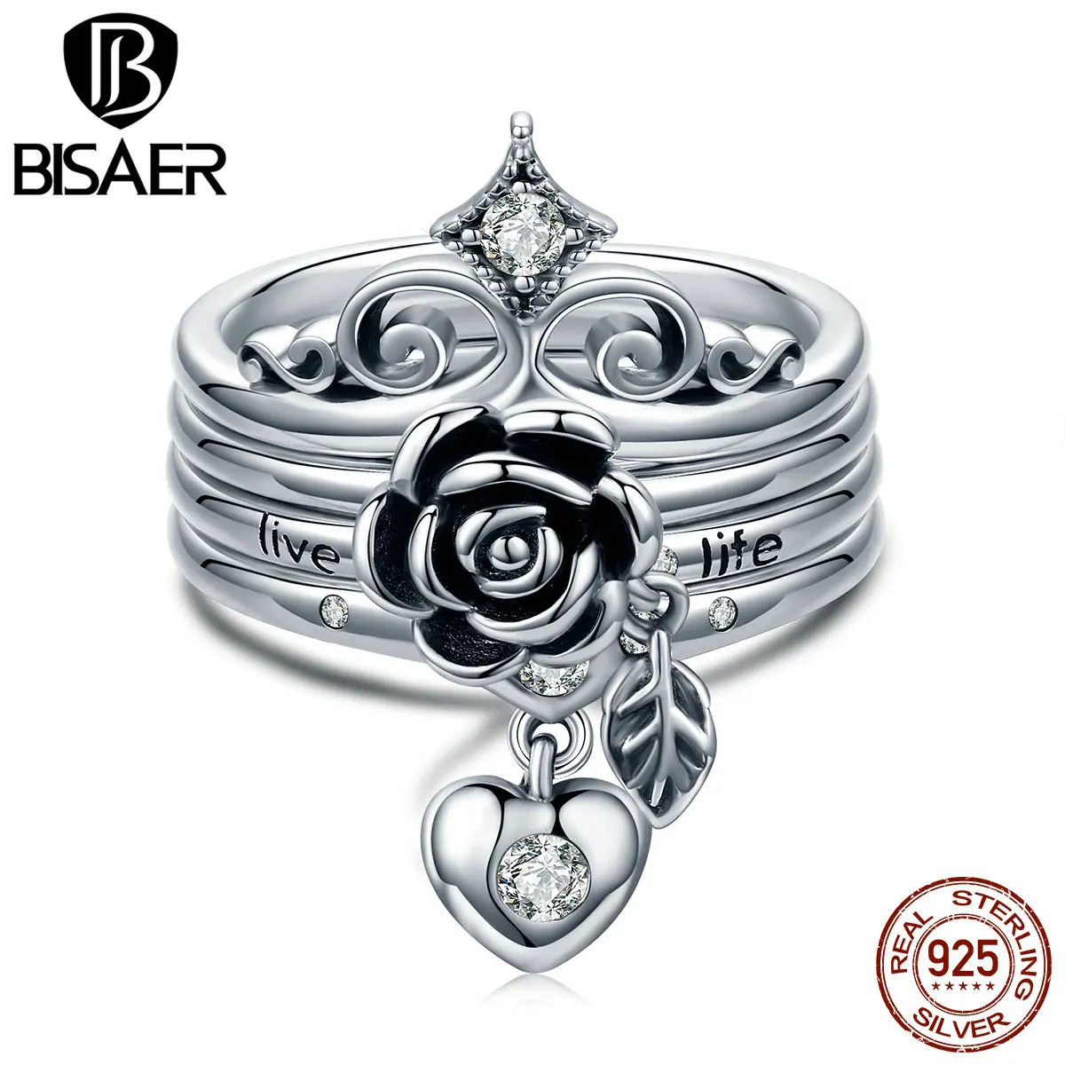 BISAER Hot Sale 100% 925 Sterling Silver Female Dangle Heart Clear CZ Women Finger Rings for Women Engagement Jewelry GXR276