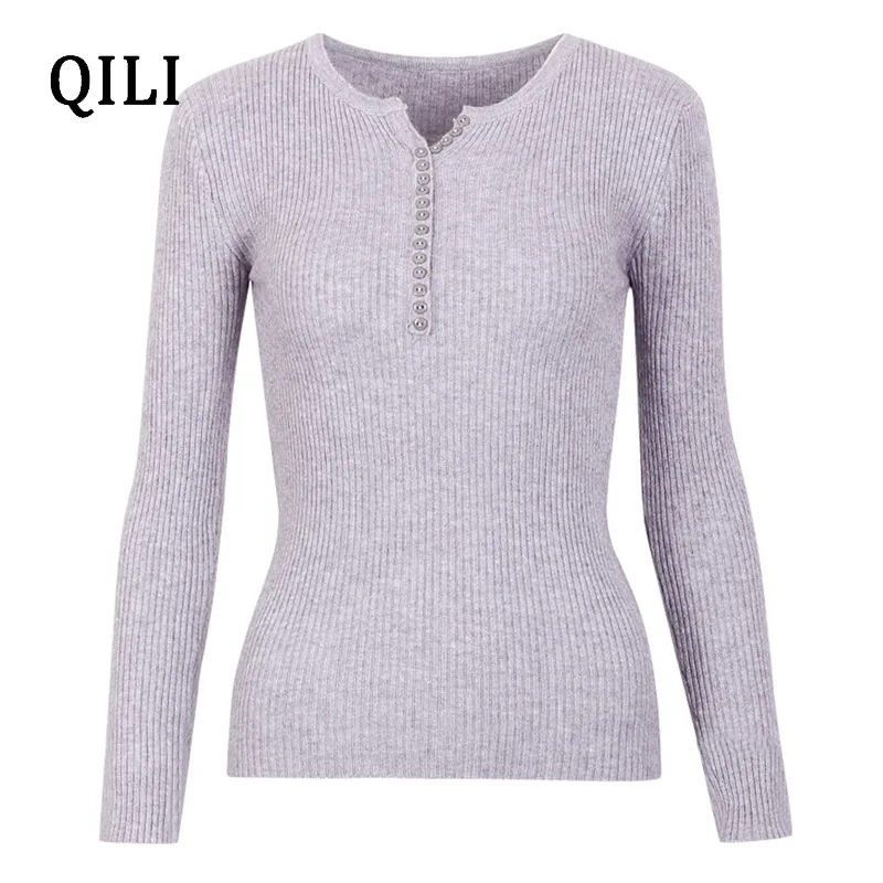 QILI Autumn Winter Women Fashion Knitted Sweater New Arrival Long Sleeve V-Neck Button Solid Pullover Sweater Tops Female QILI Autumn Winter Women Fashion Knitted Sweater New Arrival Long Sleeve V-Neck Button Solid Pullover Sweater Tops Female