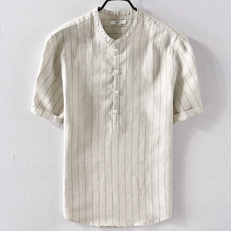 

2019 New brand men's linen short-sleeved striped shirt slim casual flax shirt mens M-3XL summer white shirts male camisa