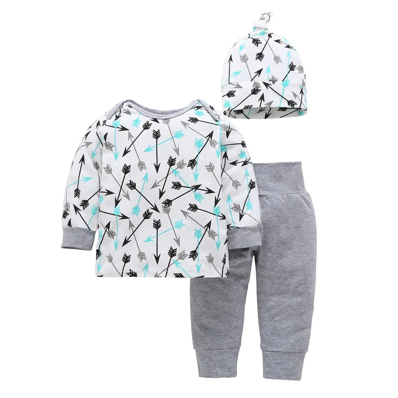 

2019 Spring Autumn New born baby 3PCS clothing set long-sleeved white arrow jumpsuit + hat + pants baby girl set