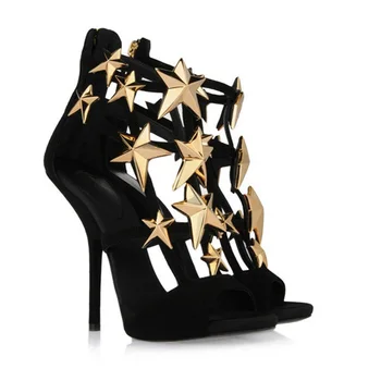 

summer Suede Gladiator Sandals Cut-Outs Stiletto High Heels Shoes Woman Gold Metal Stars Pumps Black sandals