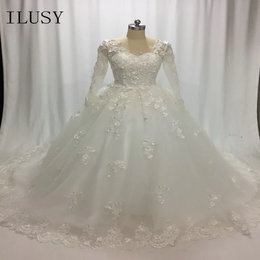ILUSY New Listing Princess Wedding Dresses Turkey White Appliques Beads Elegant Bride Gowns Plus