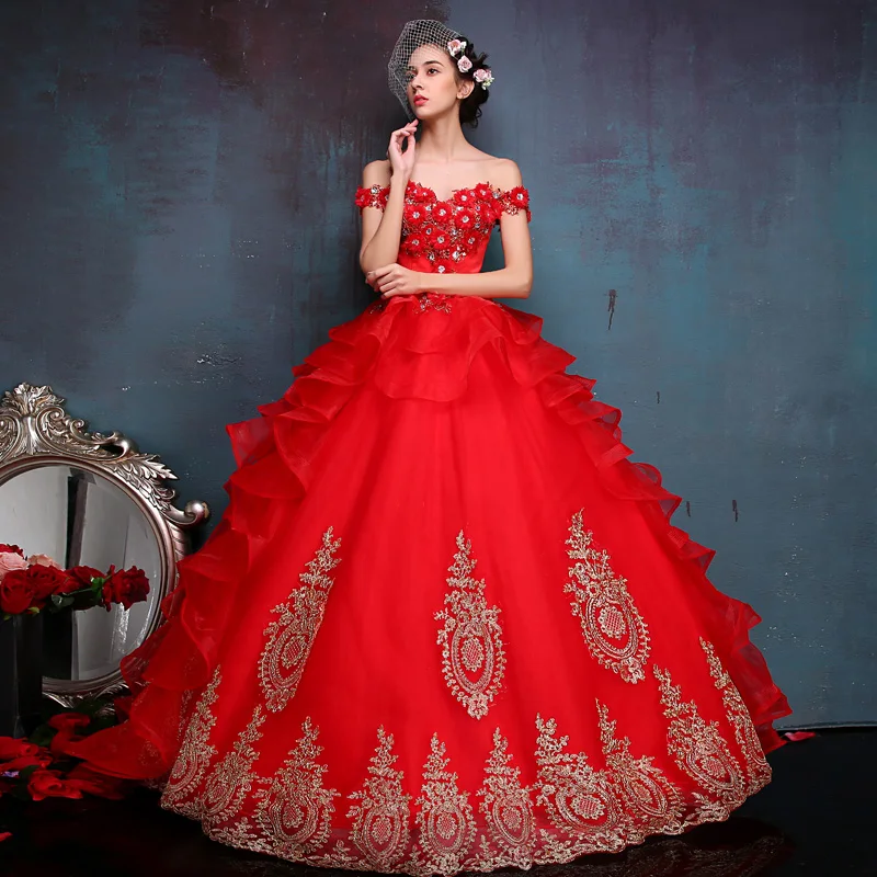 

Classic Female Adult Off The Should Red Embroidery Appliques Marie Antoinette Dresses Stage Show host Ball Gown