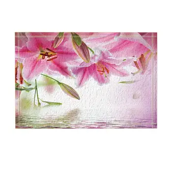 

Natural Scenery Decor, Butterfly Flying on the Pink Lilies with Reflection in the Water Bath Rugs, Non-Slip Door Mat