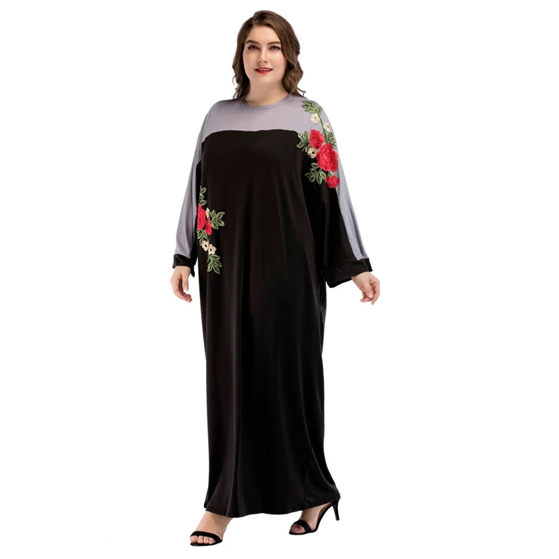 Черное зеленое плюс размер скромное платье Женская Яркая вышивка, рукава патч свободные макси платья Vestidos abaya Дубайский Мусульманский