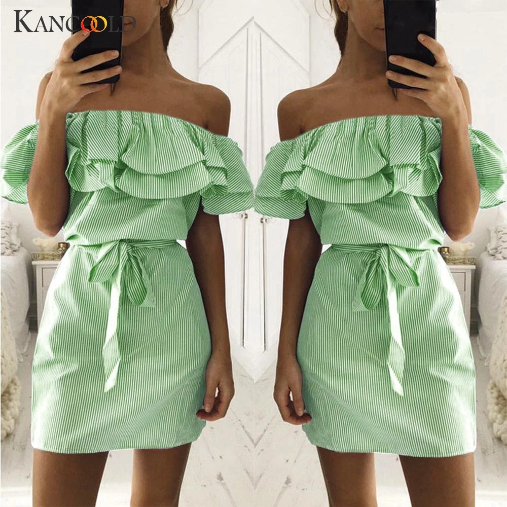 KANCOOLD Dress Women Summer Striped Off The Shoulder Ruffle With Belt Petal Sleeve fashion Mini new women 2019JAN25 | Женская одежда