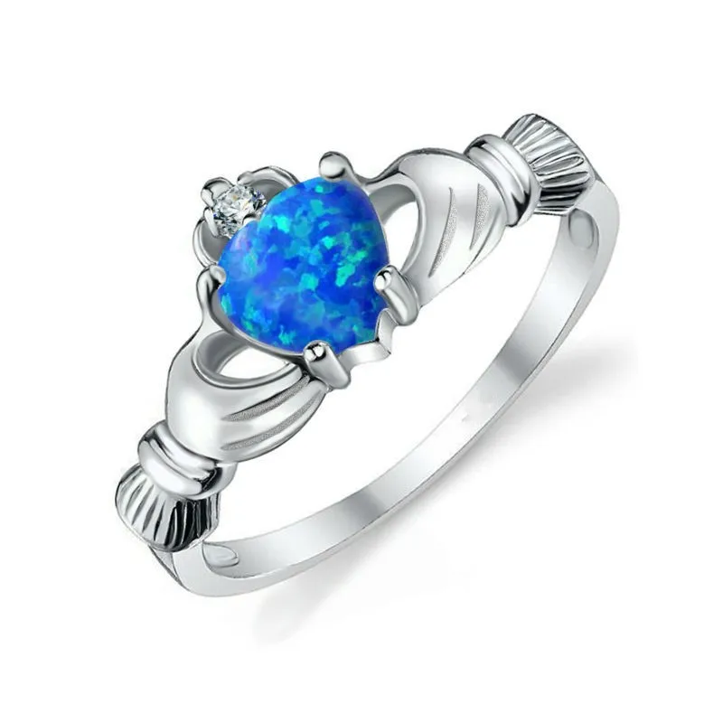 Новинка Claddagh женское кольцо с голубым опалом AAAAA циркониевое покрытие из белого