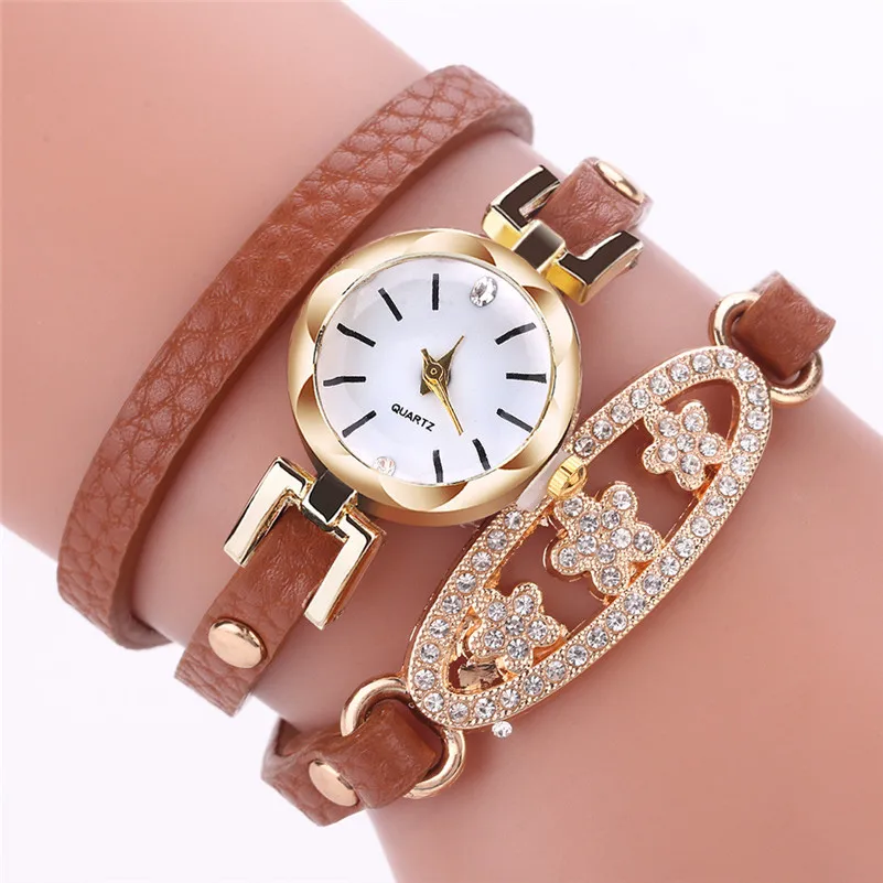 High Quality women fashion casual watch dress Leather Quartz Watch Luxury Bracelet Flower Gemstone Wristwatch Gift clock M22#N (9)