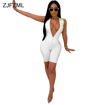 

Faux Leather Plus Size Short Playsuit Women Streetwear Zipper Up Sleeveless Bandage Jumpsuit Casual Deep V Neck One Piece Romper