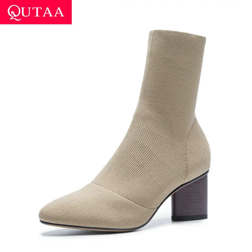 

QUTAA 2020 Fashion Socks Sexy Pointed Toe Square Heel Stretch Fabrics Ankle Boots Slip On Autumn Winter Women Shoes Size 34-39