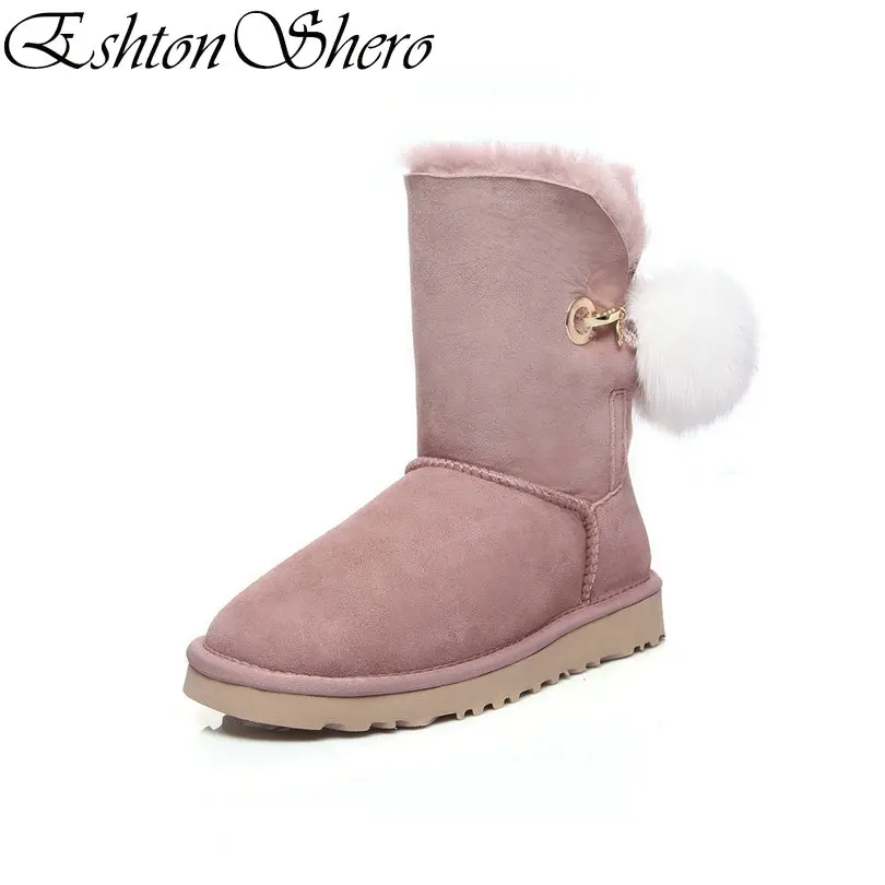 

EshtonShero Shoes Women Ankle Snow Boots Flat Heel Winter Cow Suede Fur-lined Plush Pink Warm Ladies Casual Boots Size 34-42