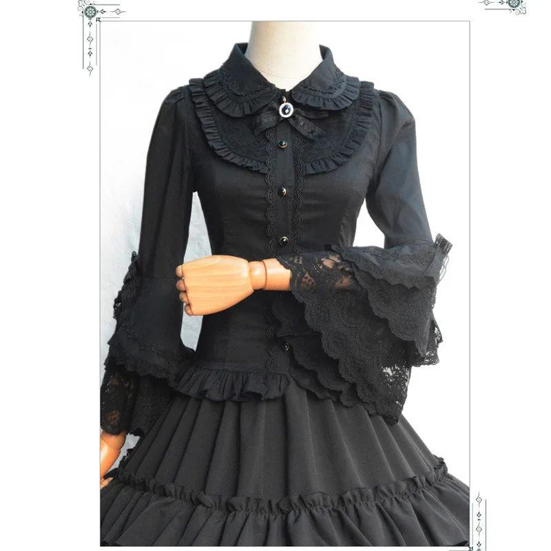 Lolita Black Cotton Lace Flare Sleeve Vintage Gothic Blouse Shirt font b Women b font Sexy