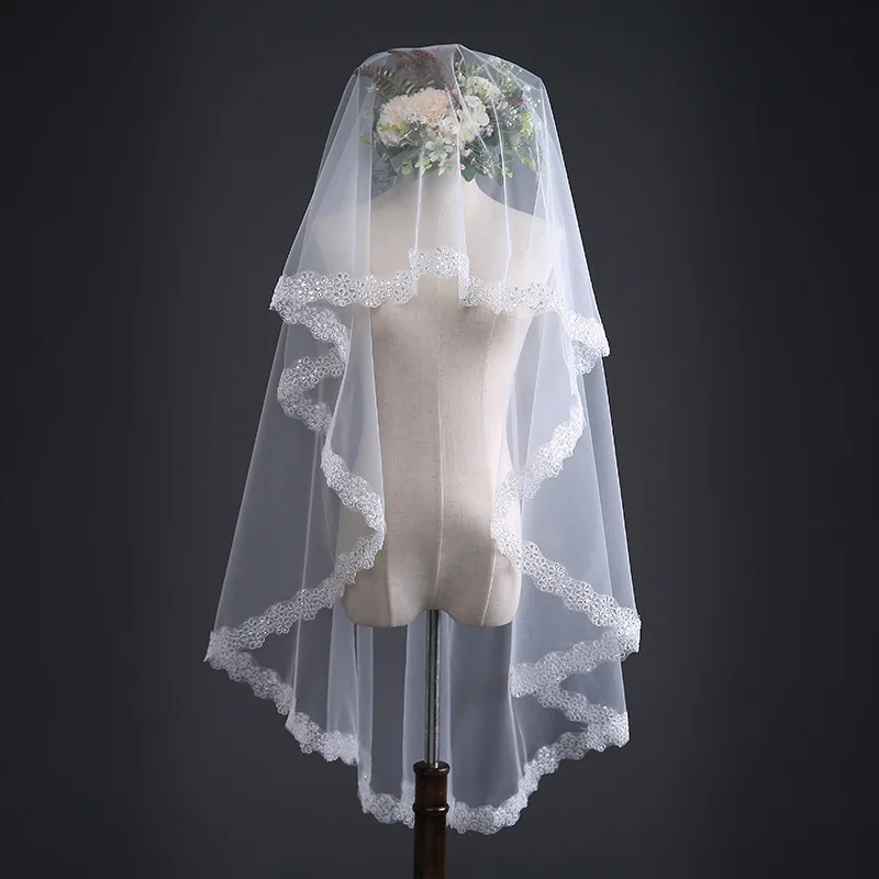 Простой дизайн свадебная вуаль тюль 2 Длина шаль с кружевными краями дизайн