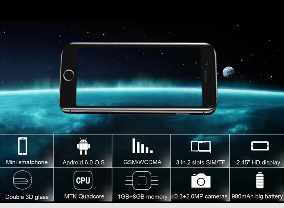 Маленький 3g WCDMA Мини смартфон Anica i8 WiFi gps динамик Celulares Android 6,0 Google Store четырехъядерный 2,4" мобильный телефон