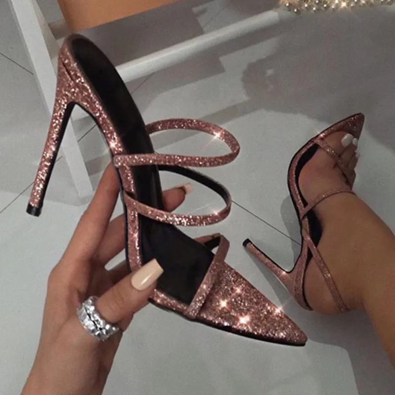 

Boussac Luxury Bling High Heel Sandals Sexy Pointed Toe Slipper Sandals Women Slip on Slingback Sandals Party Shoes Women WC0501
