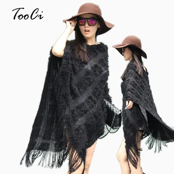 

New Spring and Autumn Women Black Sweater Ladies Pierced Tassel Poncho Sweater Long Knitted Pullovers Women Knitted Coat