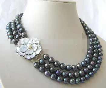 

P3394 - AAA 3row 17-19" 8-9mm natural black round freshwater pearl necklace -