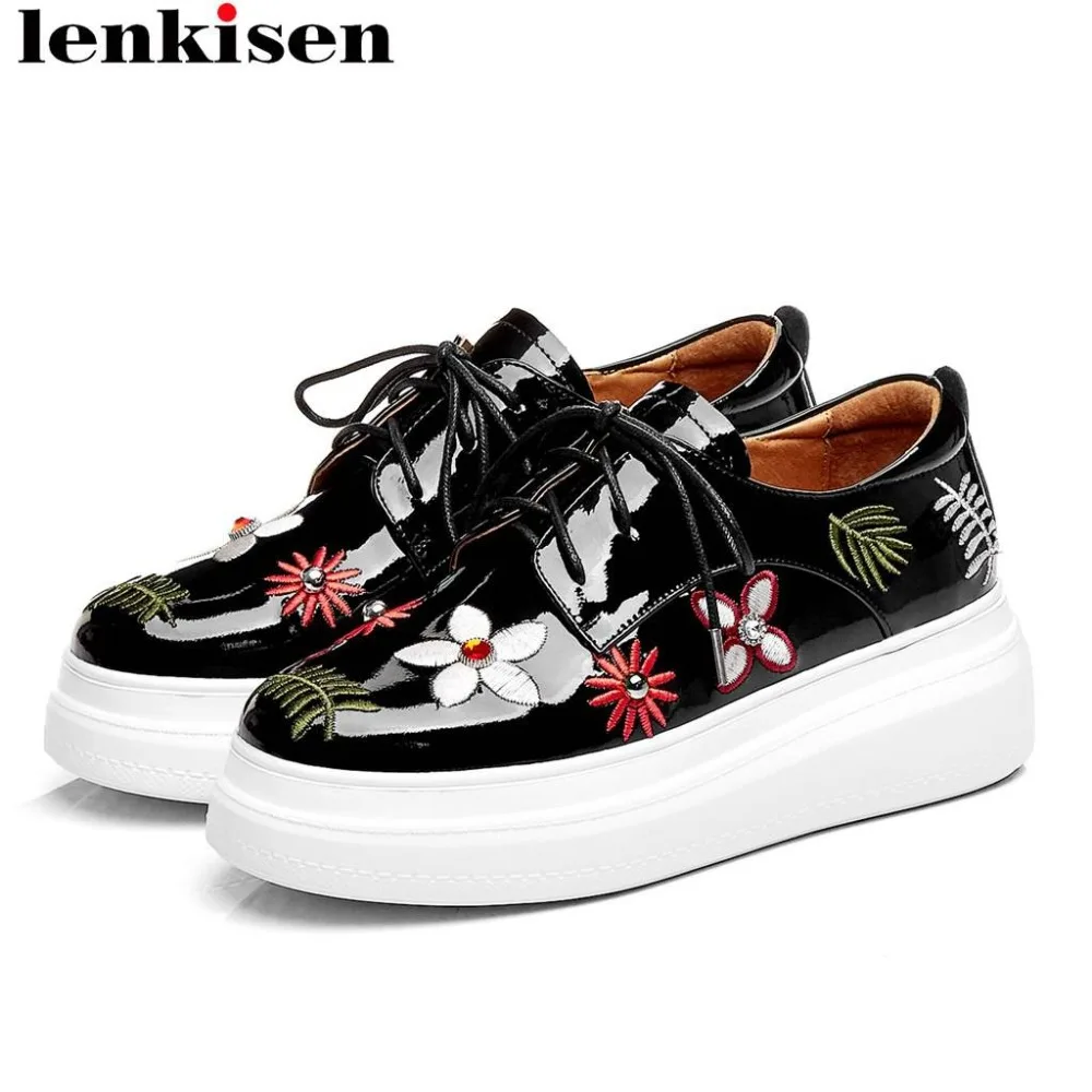 

Lenkisen full grain leather colorful flowers embroidery flat platform lace up loafers round toe breathable vulcanized shoes L99