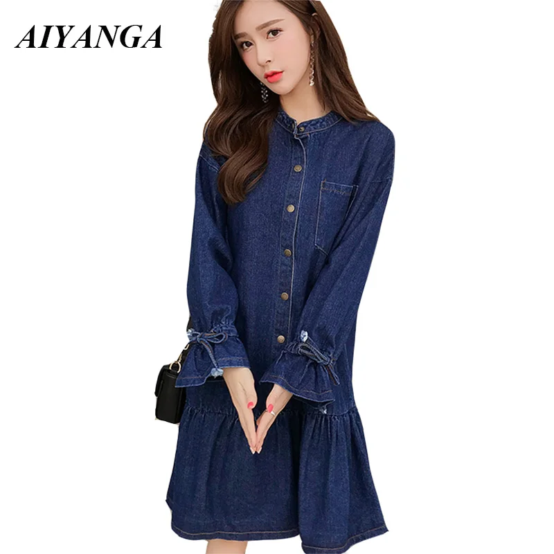 

AIYANGA Long Sleeve Denim Dress For Women 2018 Autumn Female Loose Dresses Casual Jeans Solid Color Blue A-Line Dress