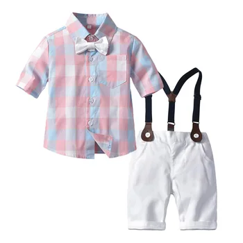 

Summer Newborn Baby Clothing Sets Casual Striped Plaid Short Sleeve Shirt Bowtie Jumpsuit Shorts Boys Clothes Handsome Suit