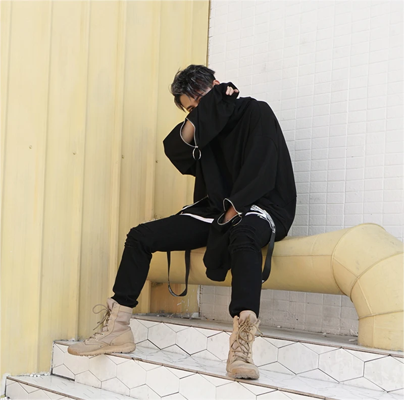  Long Hoodies Men Casual Zip Ribbon Hip Hop  (8)