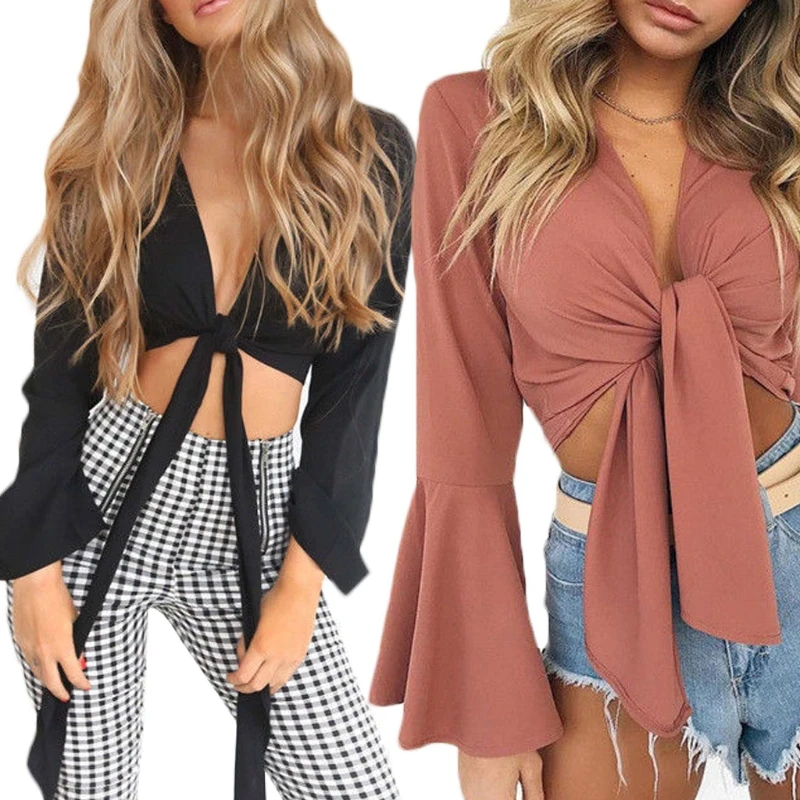 

Womens Tie Knot Front Flared Sleeve Plunge V Neck Crop Top Ladies Satin Lace Up Solid Long Sleeve Blouse Shirts New Fashion