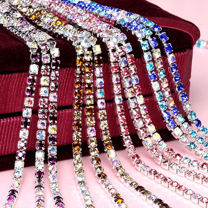 

SS6 2mm 1Row 10 Yard Colorful Close Rhinestone Cup Chain With Silver Claw Rhinestone Trimming For DIY Garment Accessories Y2957