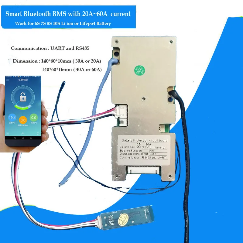 6S 7S 8s 10S литий-ионный умный Bluetooth BMS с 20A до 60A постоянный ток для 24V 36V литий-ионный аккумулятор